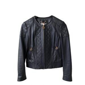 Tory Burch Ryder Leather Jacket Soft Moto Gold Zip‎ Sz-Lg Dark Navy NEW Rt 998$